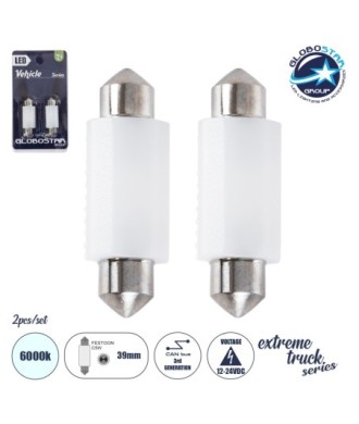 GLOBOSTAR® C5W 81334-B Σωληνωτή Λάμπα C5W 39mm CANbus LED 1.9W-3.8W 285lm-570lm 120° DC 12-24V IP20 Ψυχρό Λευκό 6000K - 2 x Epistar SMD3030 Chip - Μ3.9 x Π1.2 x Υ1cm - Πακέτο Blister 2 Τεμαχίων - 1 Χρόνο Εγγύηση